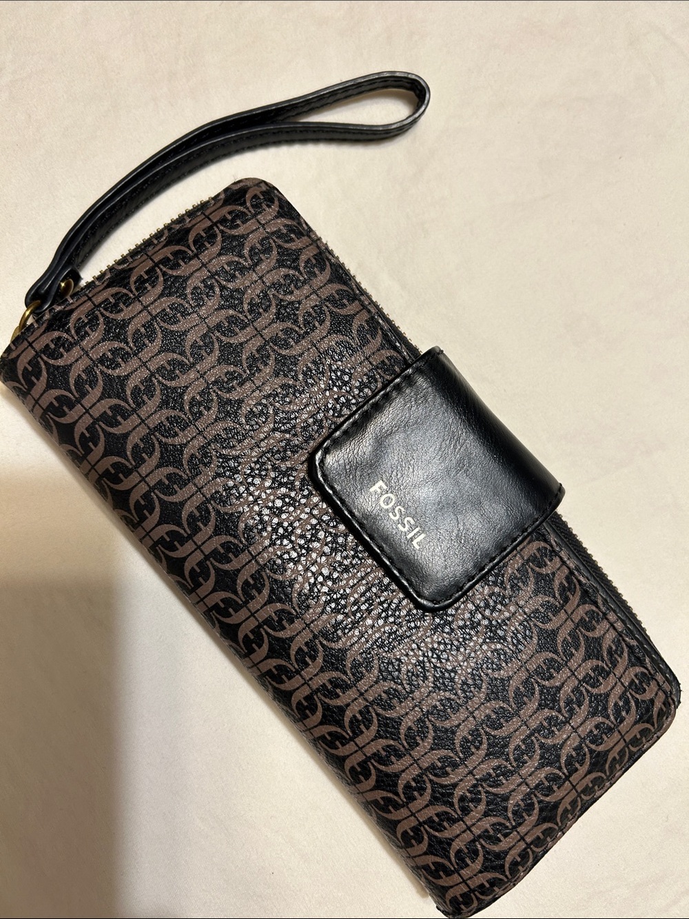 Fossil Black and Brown Logo Zip-Around Wristlet Wallet